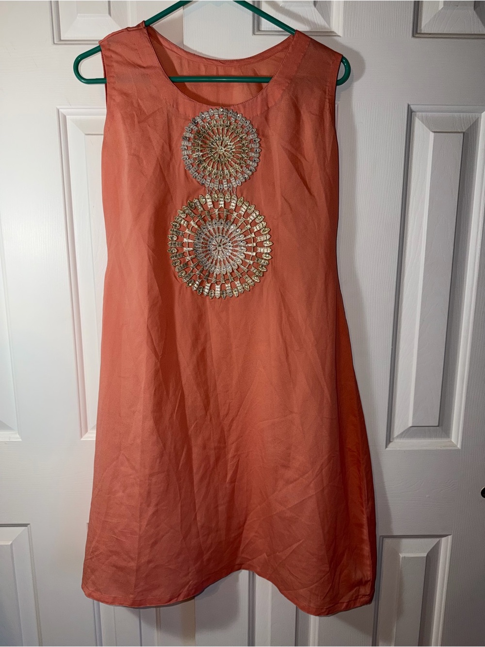 Coral Sleeveless Embroidered Shift Dress